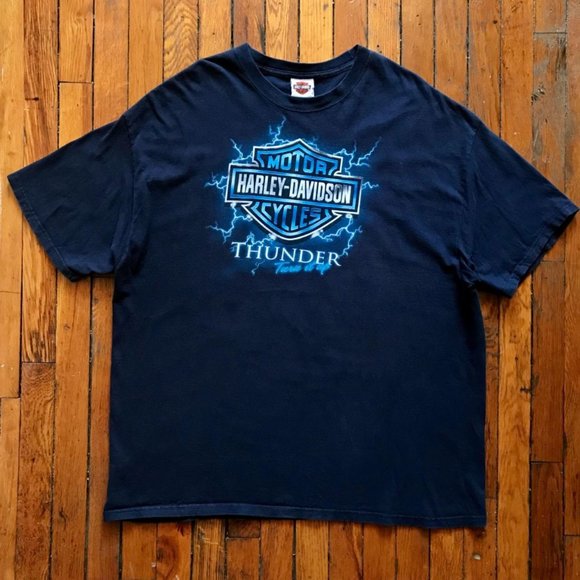Harley Davidson Motor Cycles Thunder Men Navy Light Blue Silver Lightning TShirt - Picture 1 of 4